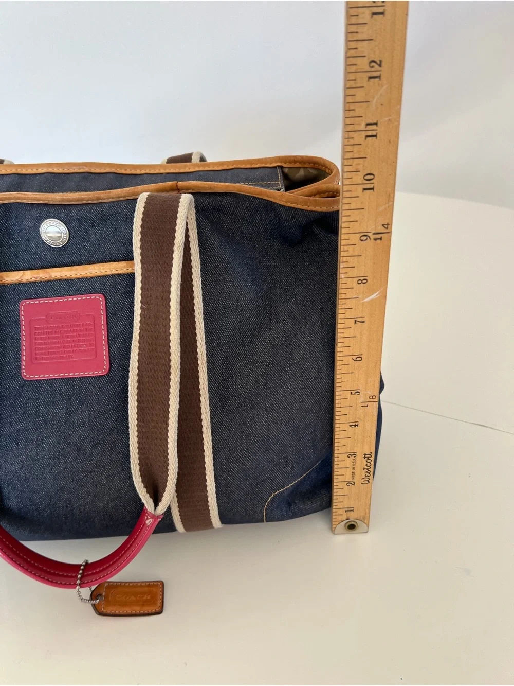 Coach Vintage Y2K Denim Varsity Stripe Large Denim Tote Bag Leather Trim 3K-7544